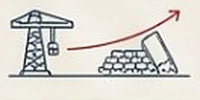 Tower crane and stacked bricks with a rising arrow