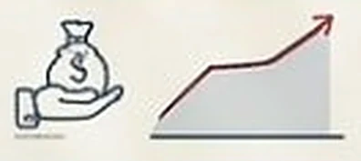 Money bag in a hand next to a rising chart