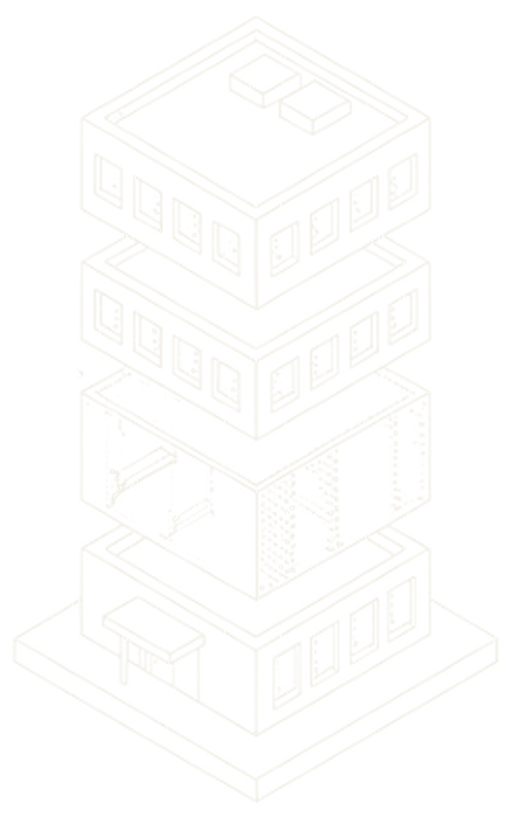 Exploded isometric drawing of an apartment building split into separate floors